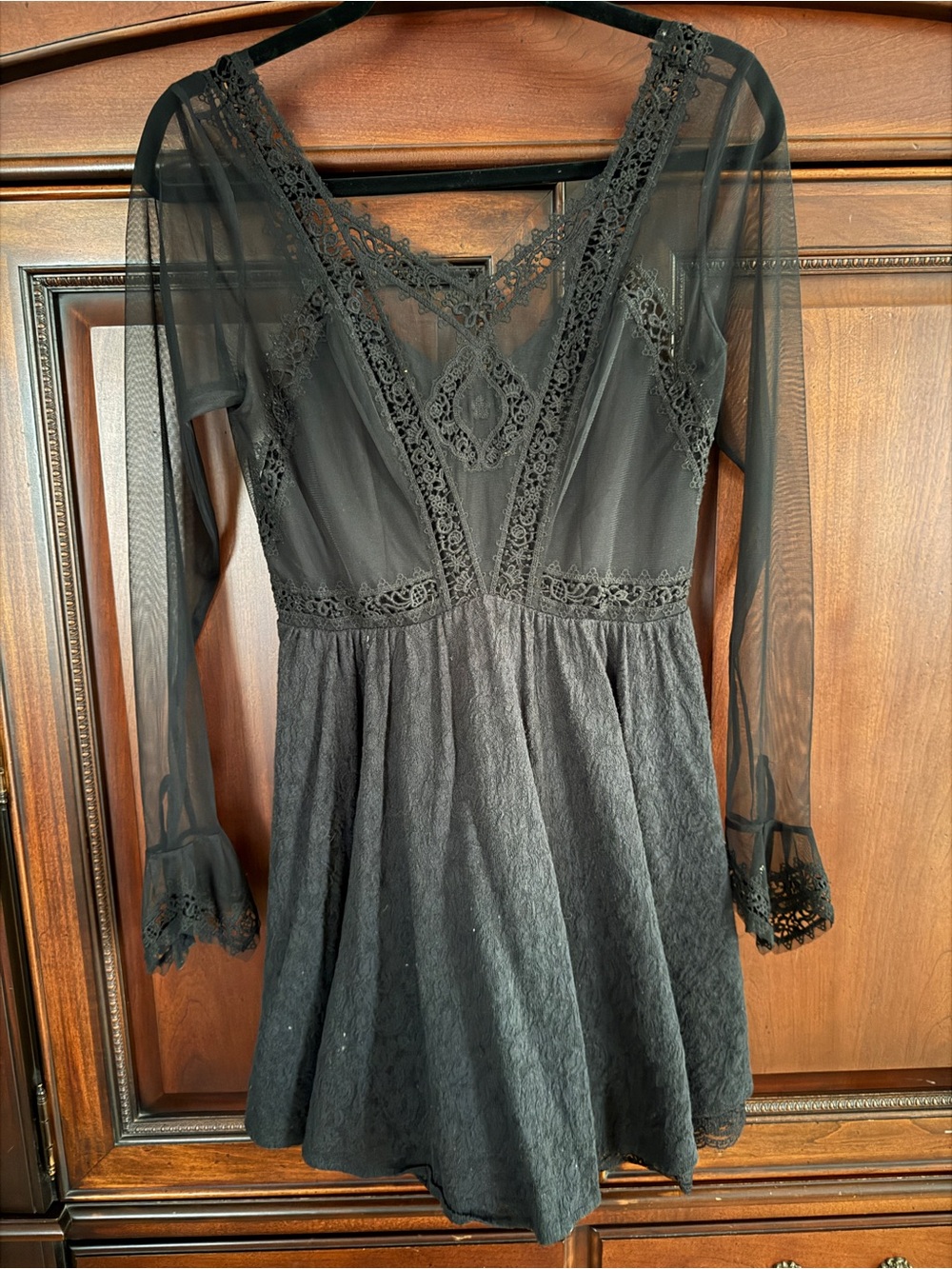Free People Black Lace Long-Sleeve Mini Dress